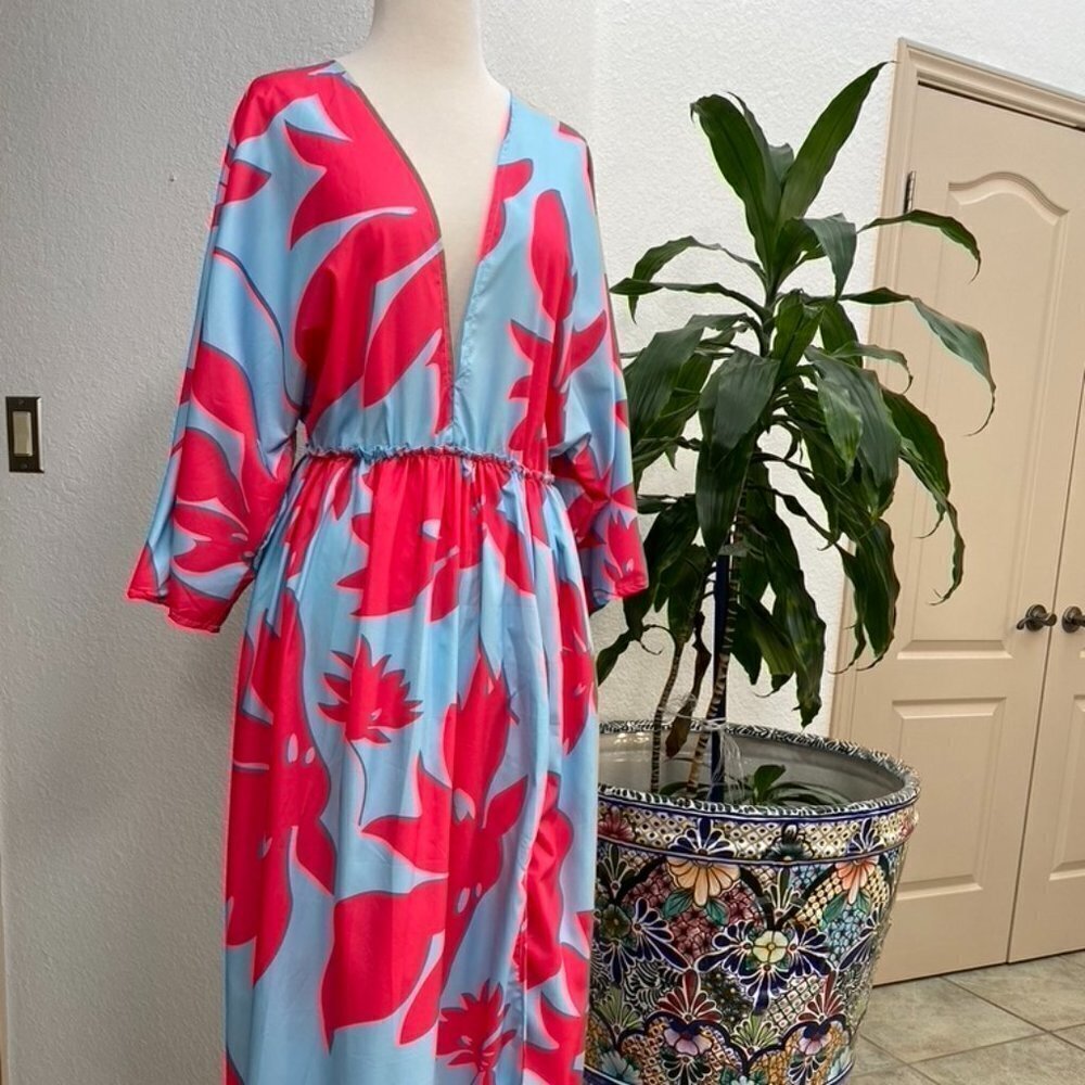 Caftan‎ Maxi Tunic Blue and Pink Floral Print Dress Small